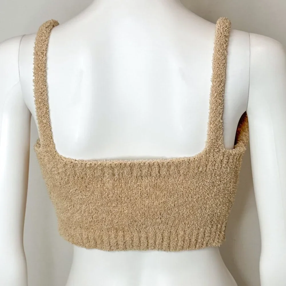 RESA Teddy Cozy Lounge Set Bralette Crop Top and Cardigan Robe in Taupe Tan Sz S